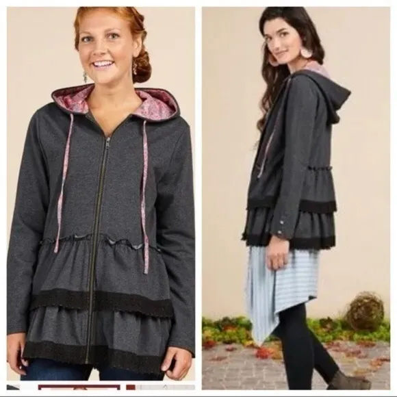 Matilda Jane Wise & Wonderful Gray Hoodie Knit Ruffle Jacket S - Image 2