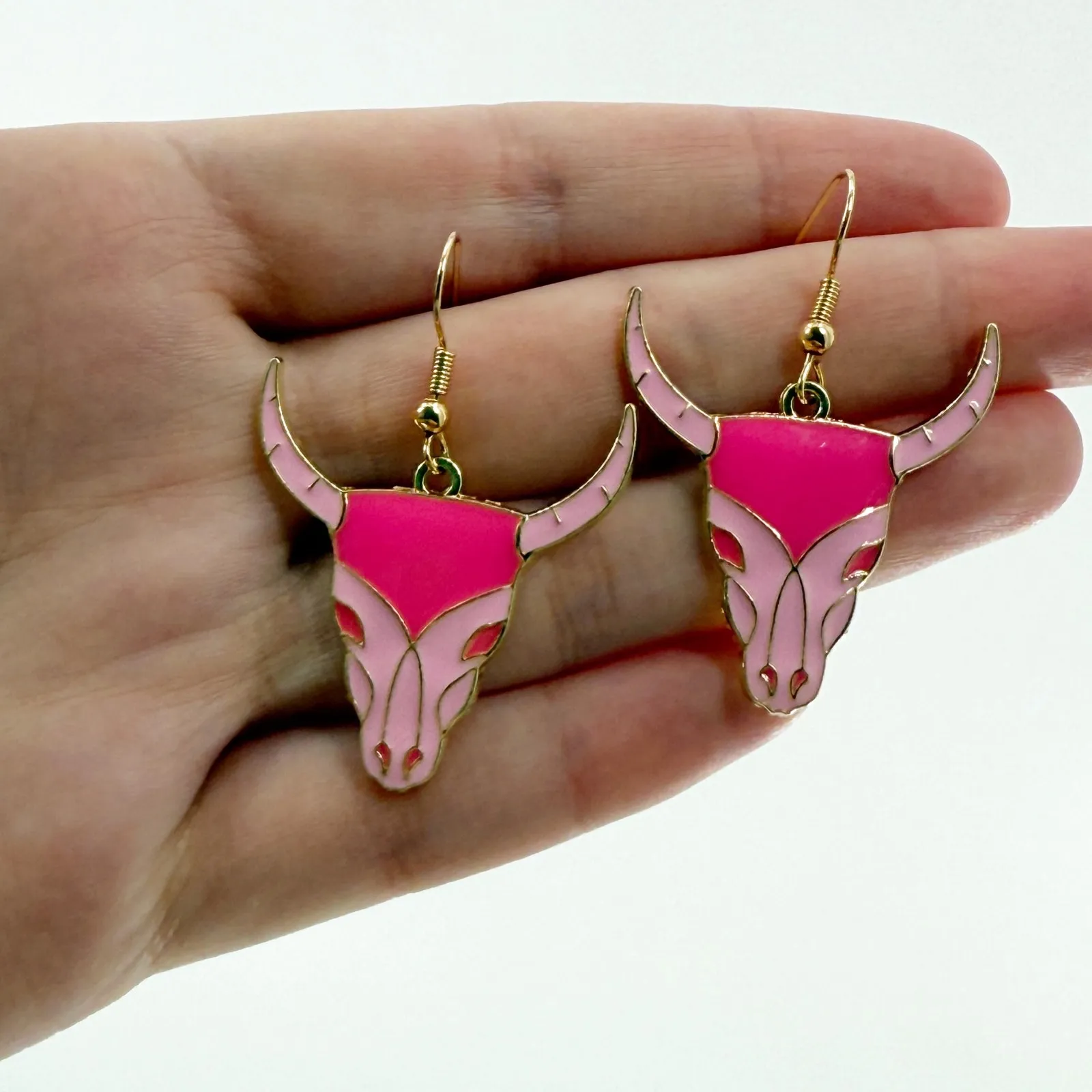 Pink Bull Skull Dangle Earrings, Bull Skull Earrings, Animal Skull Dangle Hoops - Image 4