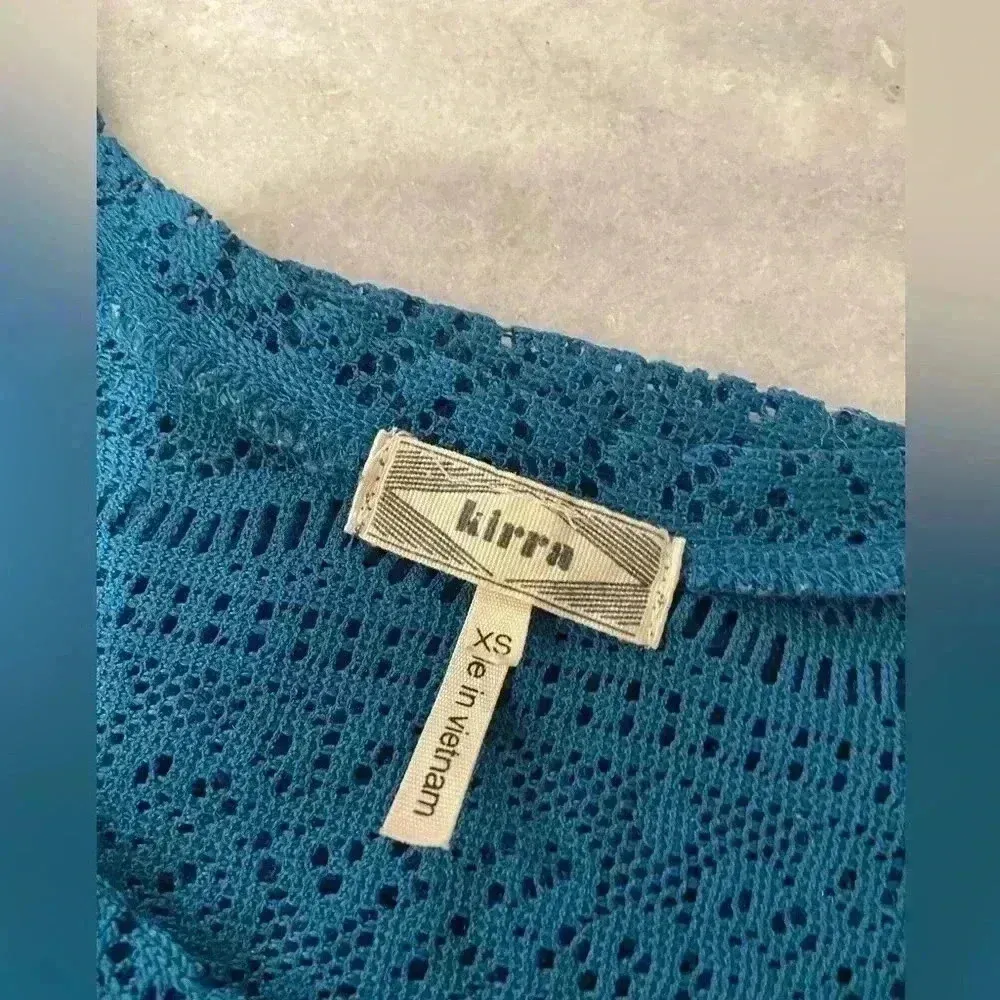 Kirra Teal Lace Scoop Neck Short Sleeve Crop Top Stretchy Crochet Blue Size XS - Image 6