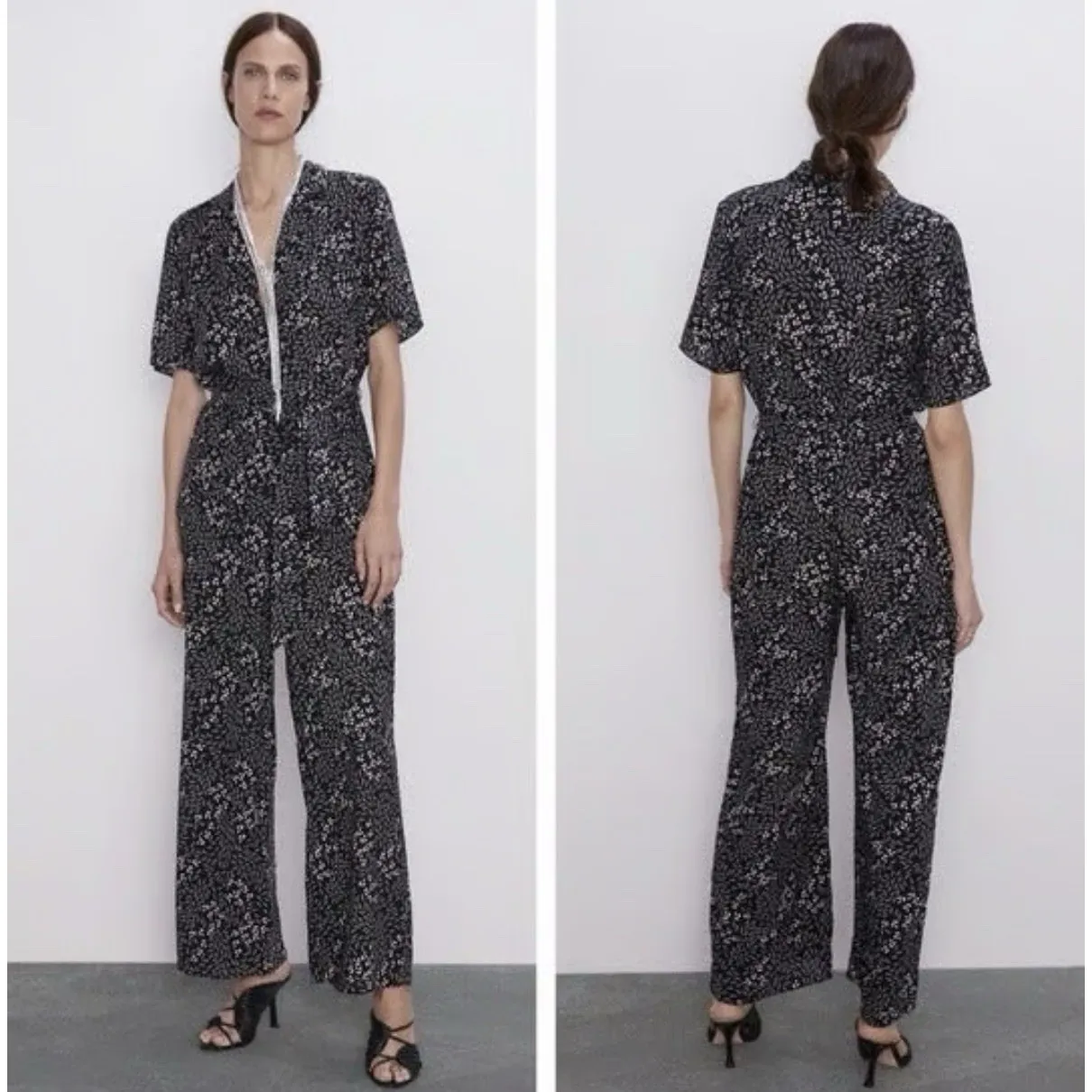 ZARA Black & White Leaf Print Jumpsuit Collared V-Neck Wide-Leg Size Small - Image 2