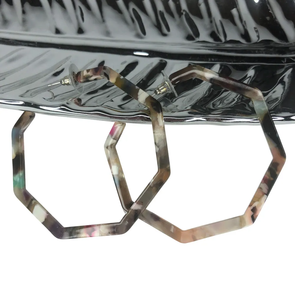 Light Multicolor Resin Octagonal Hoop Earrings Multiple - Image 2