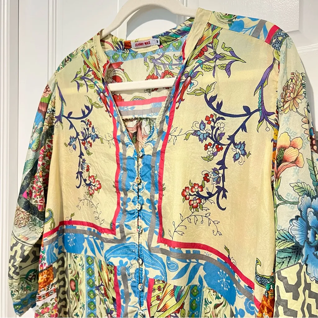 Johnny Was Hari Silk Button Down Blouse Tunic Top Medium Floral Mixed Print - Image 4