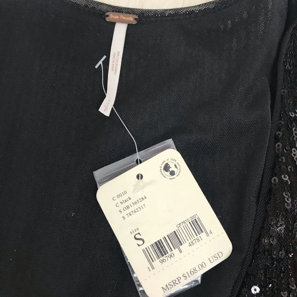 FREE‎ PEOPLE Black Wrap Sequin Romper Mini Dress Long Sleeves Low Cut Small New - Image 7