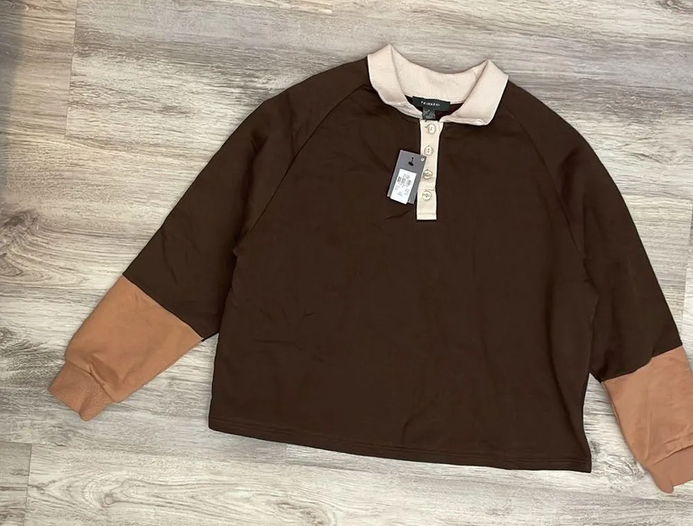 NWT  Brown with Tan & Cream Long Sleeve Collar Pullover Sweatshirt Small - Image 4