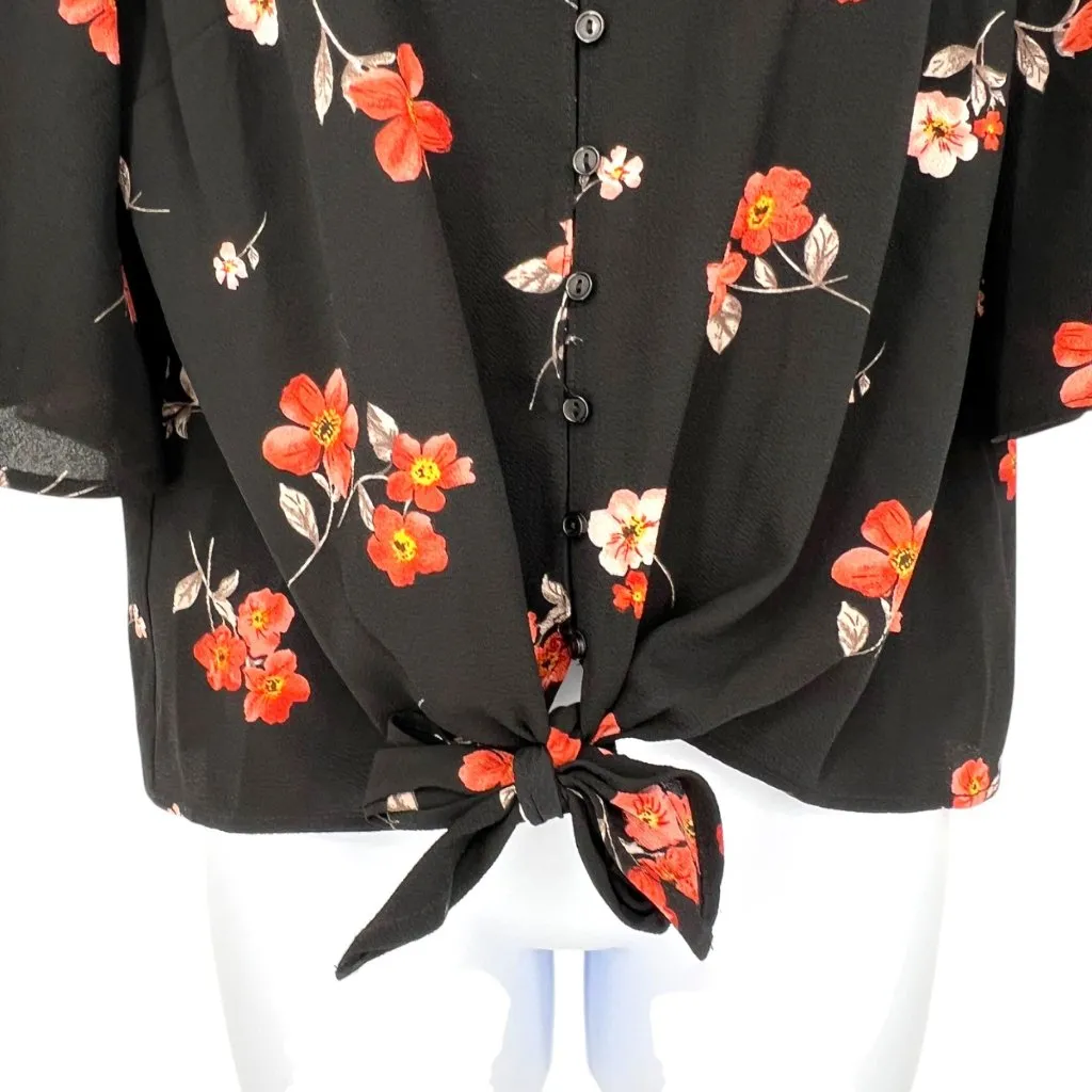 Lush Krisantha Tie Front Short Sleeve Blouse Black Floral Size Small NWT - Image 4