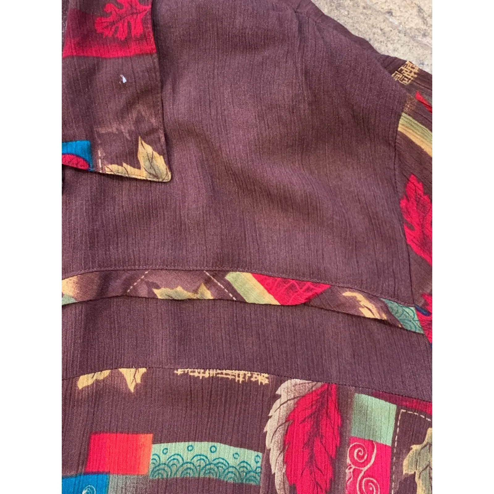 90s Brown Abstract Leaf Print Crinkle Rayon Button Down Short Sleeve Top Plus 3X - Image 10