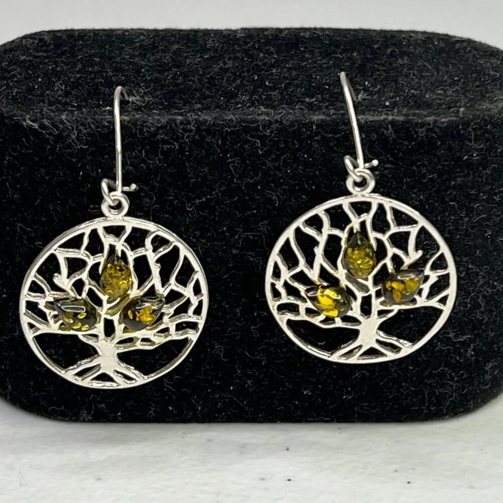 Tree Of Life Sterling Silver & Green Baltic Amber Drop Earrings - Image 6