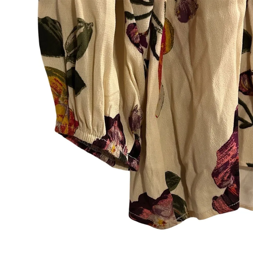 Oddy Women's S Floral Boho Blouse Ivory Multicolor Cold Shoulder Purple - Image 5