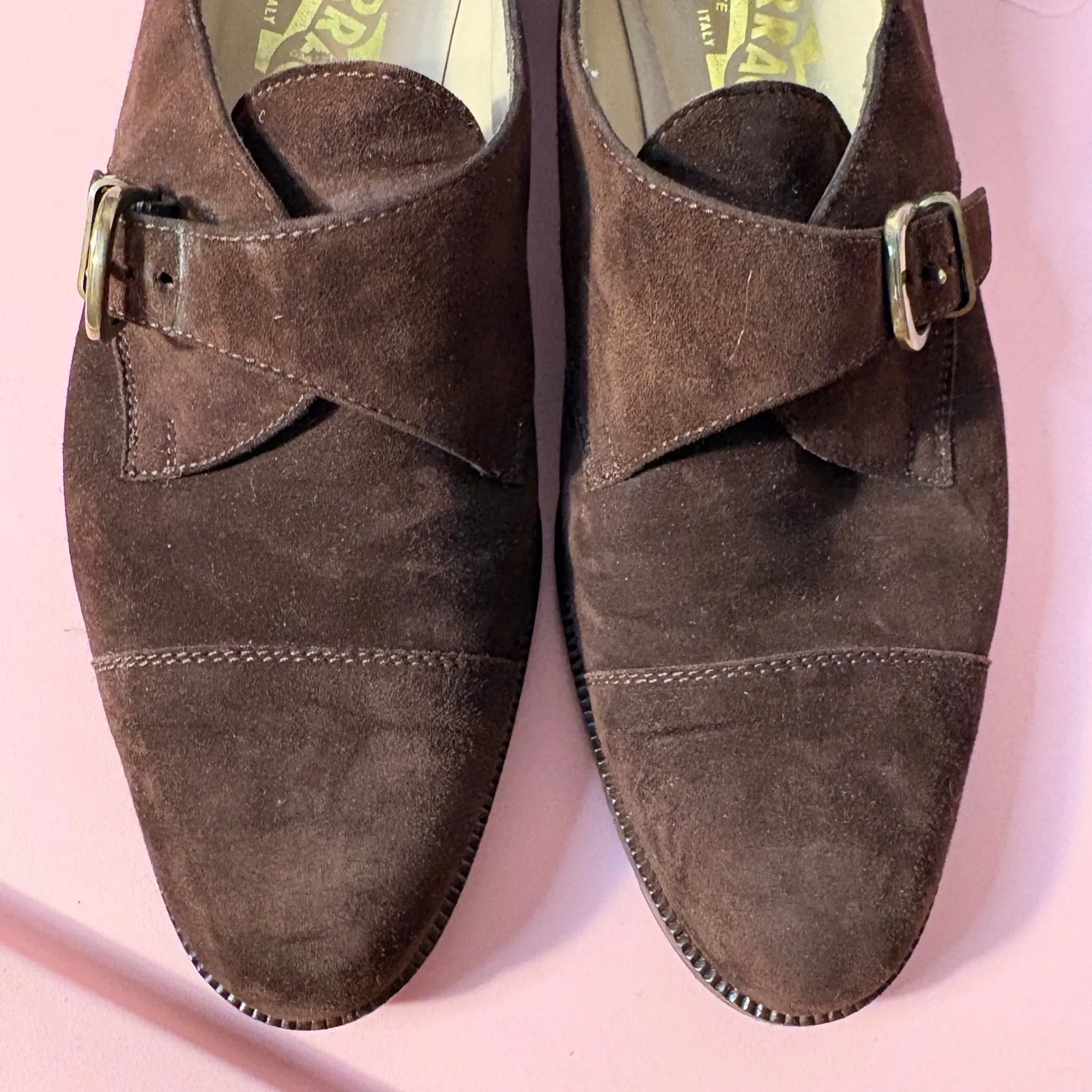 Salvatore Ferragamo Monk Strap Suede Loafers women's Size 9 AAA Brown Italy VTG - Image 3