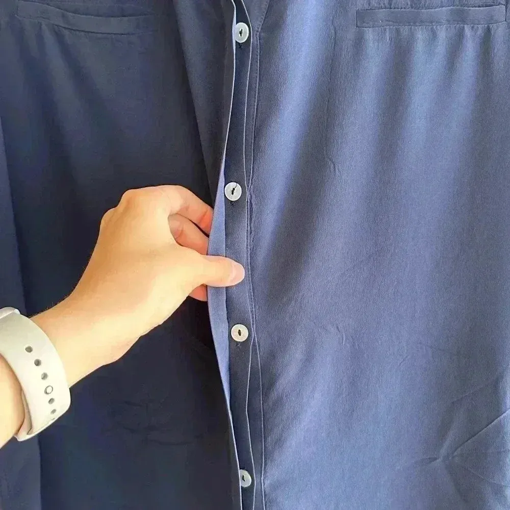 Rory Beca 100% Silk Camp Double Breast Pocket Button Down Shirt, Navy Blue - Image 10