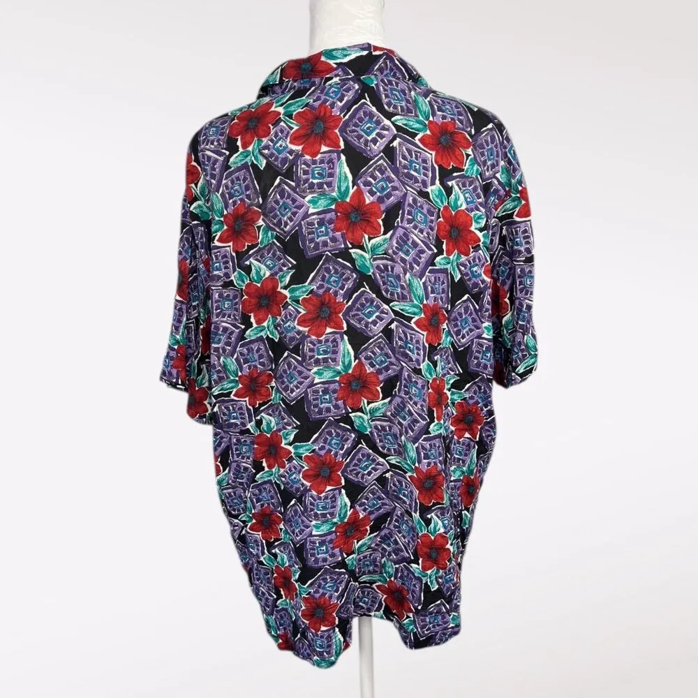 Vintage Fritzi Floral Rayon Short Sleeve Button Up Shirt Multiple Size L - Image 5