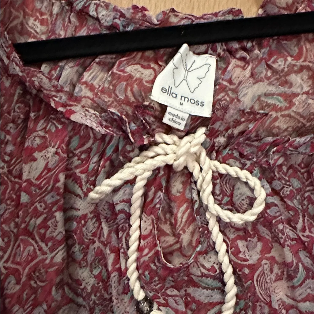 Ella Moss Red Floral Silk Rope Tie Blouse M - Image 3