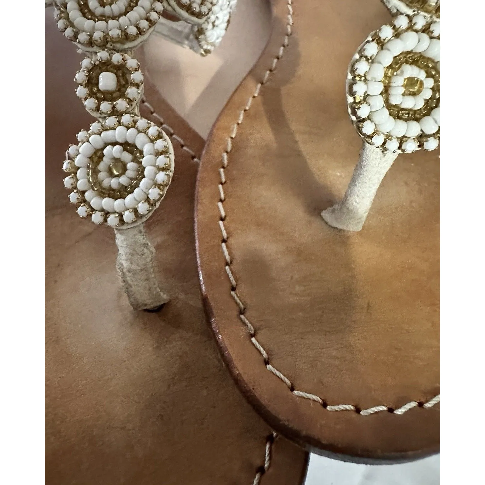 MYSTIQUE White Gold Beaded Pearl Boho Leather Thong Sandals Flip Flop Sz 8 - Image 7