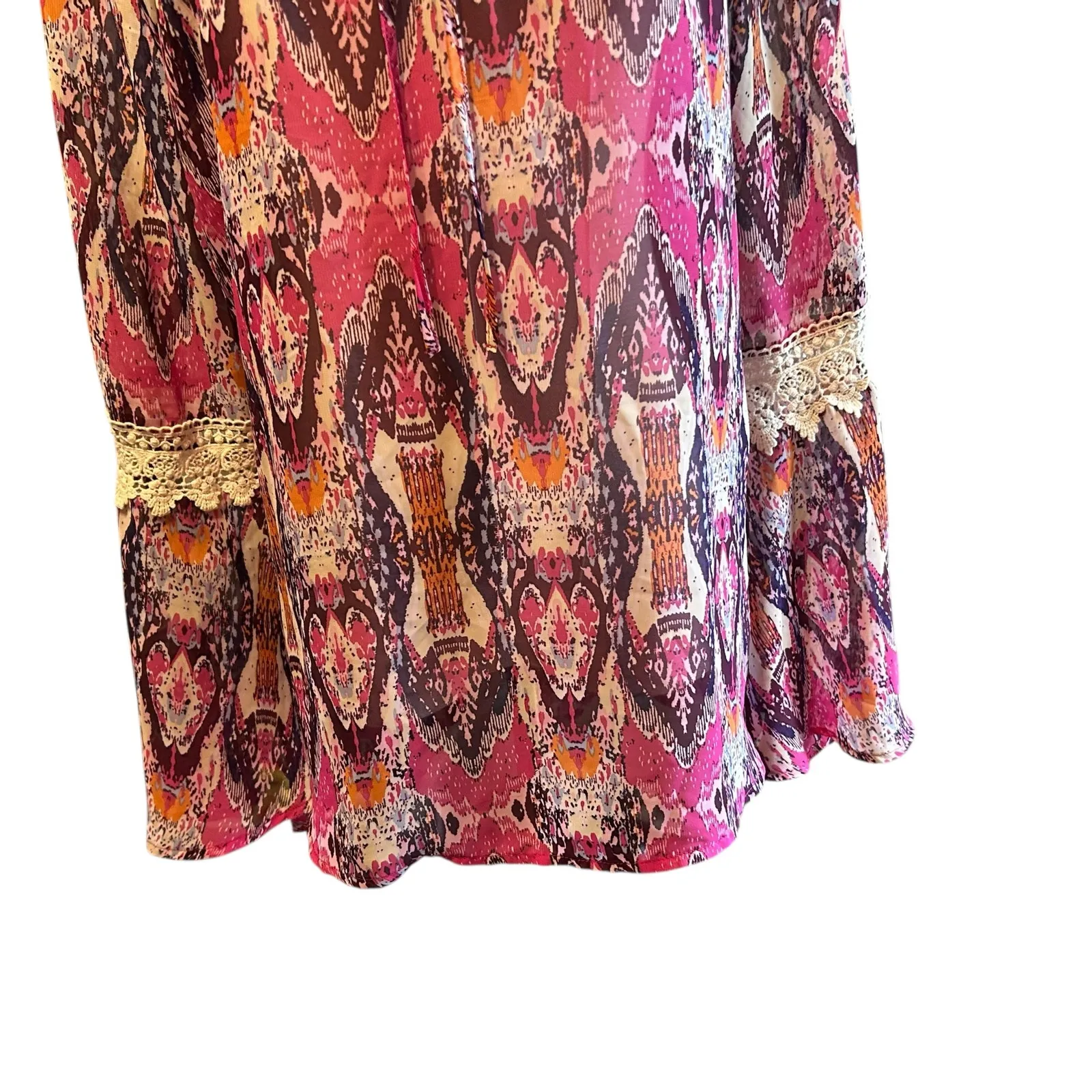 COMO Vintage Top Blouse Tunic SZ L Multicolor Sheer Crochet Bell Sleeves Boho - Image 4