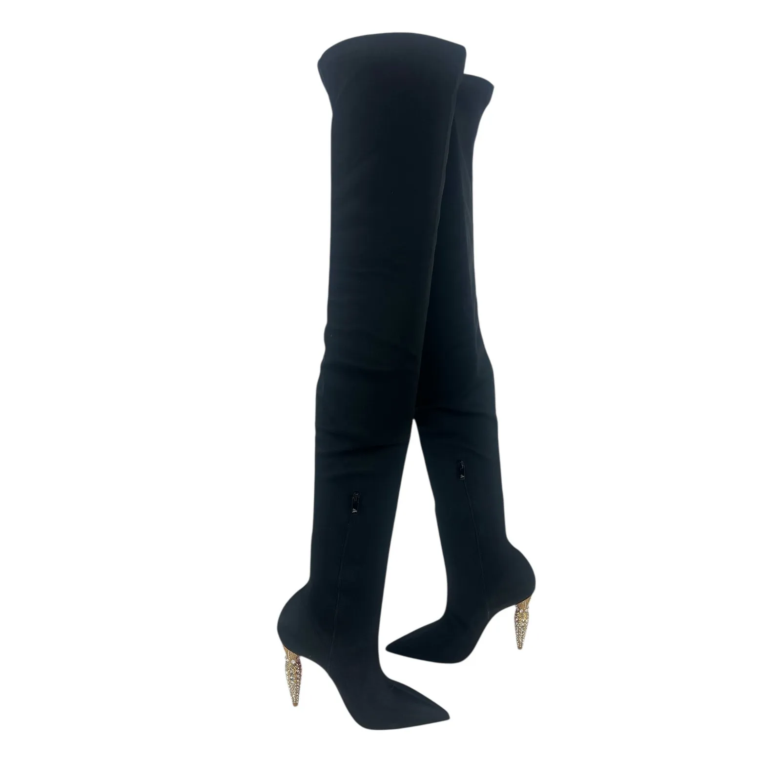 Christian Louboutin Black Lipstrass Botta Alta Satin Thigh Boots 100 - Image 6