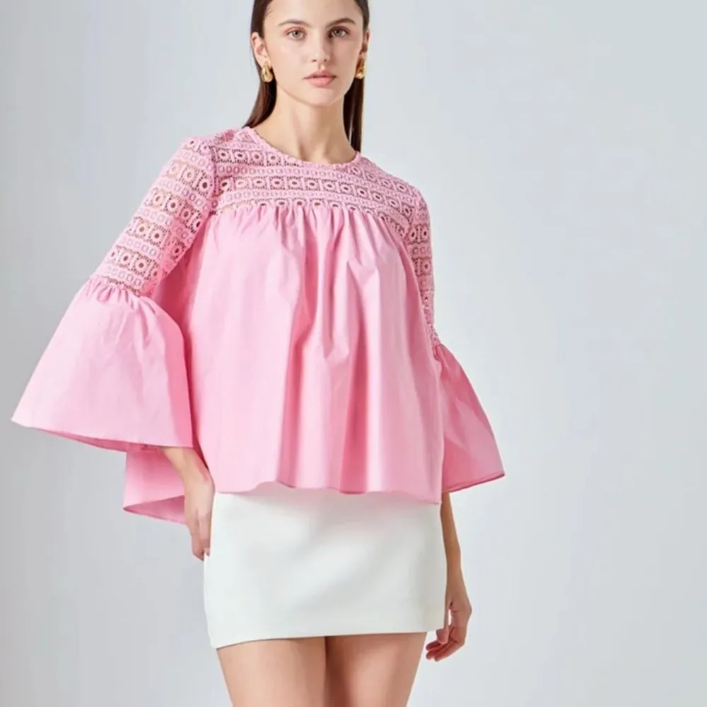 Endless Rose Pink Lace Poplin Bell Sleeve Blouse Large TJ027T - Image 2