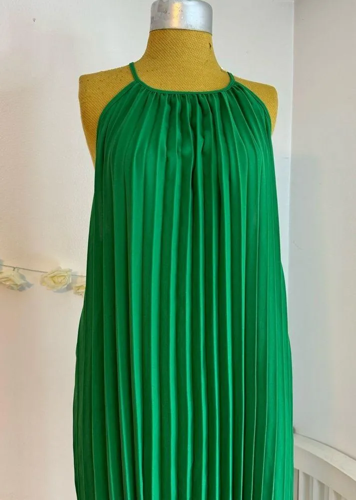 Elegant Green Pleated Halter Dress Size L - Image 2