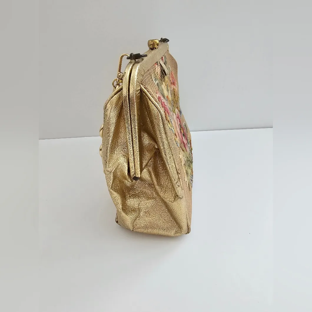 Soure Bag New York Needlepoint Embroidered Flower Gold Handbag Tan - Image 2