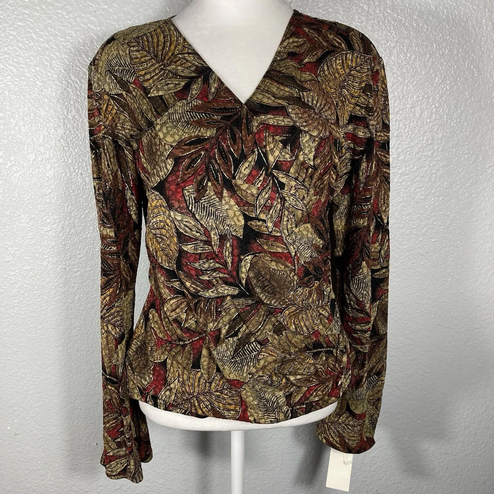 Y2K Metaphor Women’s Faux Wrap Blouse L Leaves Forest Fairy Whimsical Gold Brown - Image 2