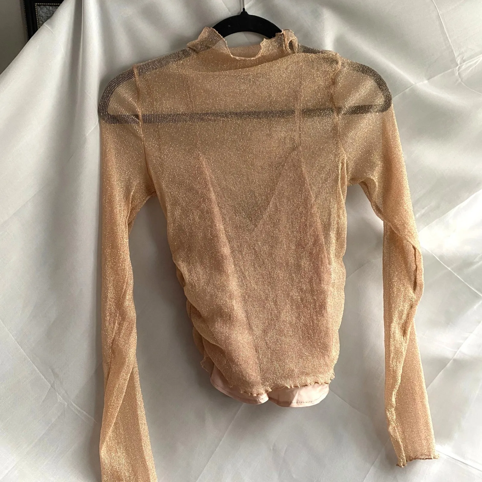 Zara Sheer Mesh Mock Neck Gold Blouse Medium Party Disco Ethereal Glam Festival - Image 2