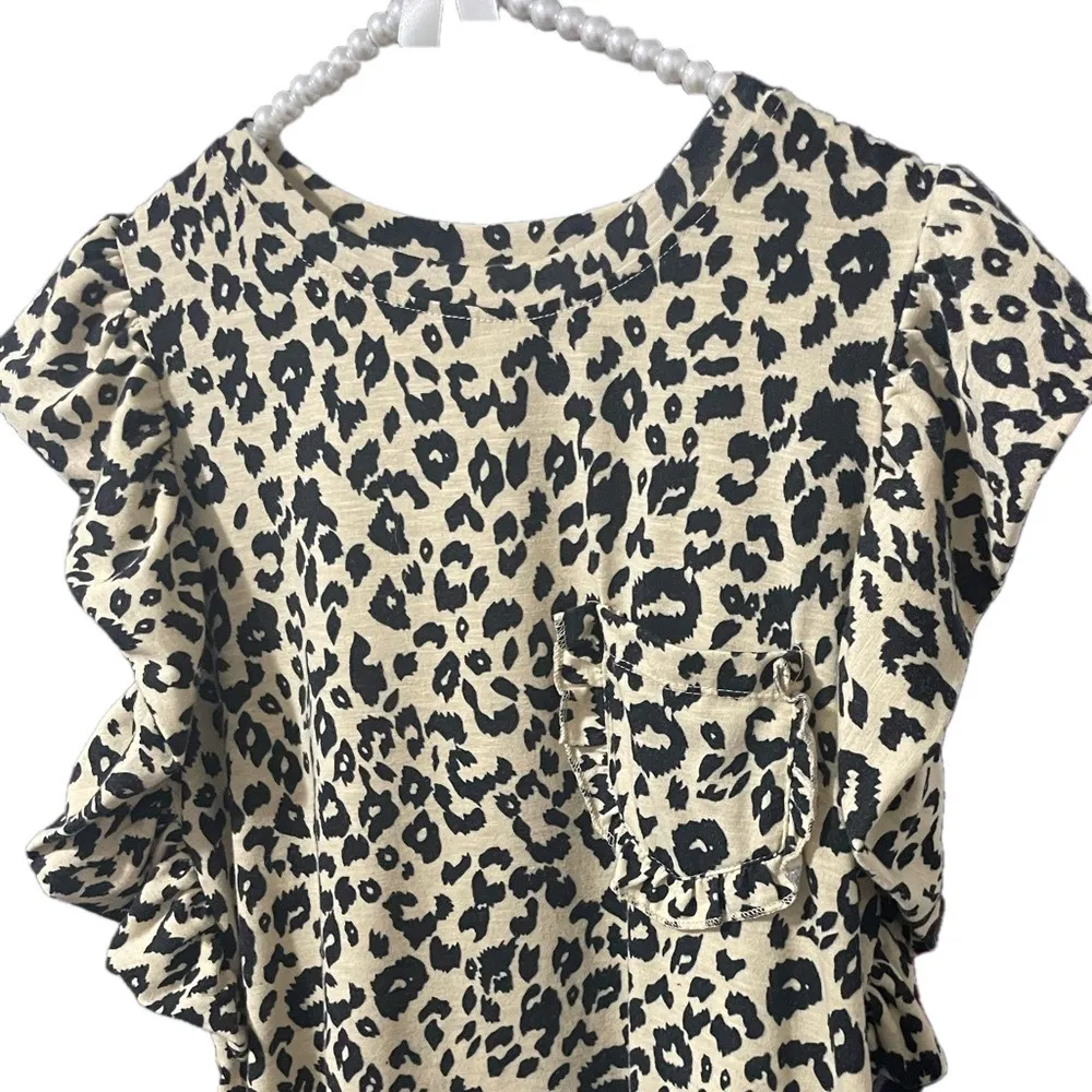 Leopard Prin Top Womens Small Ruffle Flutter Sleeve Casual Edgy Feminine Pocket Black - Image 7