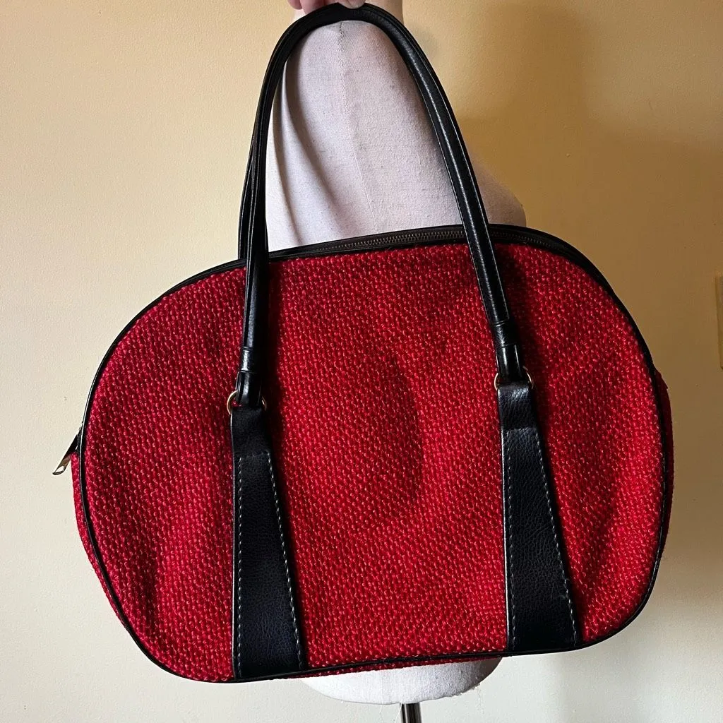 Vintage 70s Red Tweed Structured Mod Handbag Black Vinyl Trim Brass‎ Zipper - Image 9