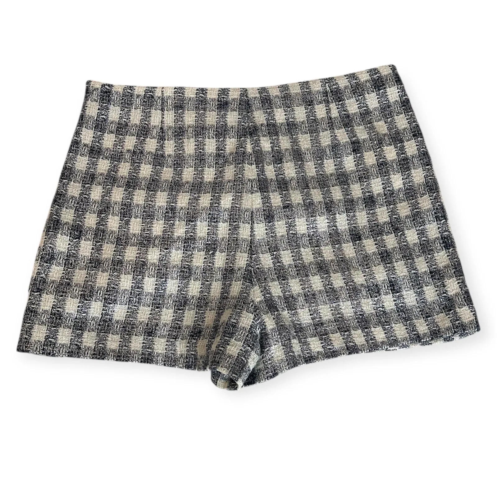 Zara woven tweed like metallic blue white checkered skort size XL new with tags - Image 2