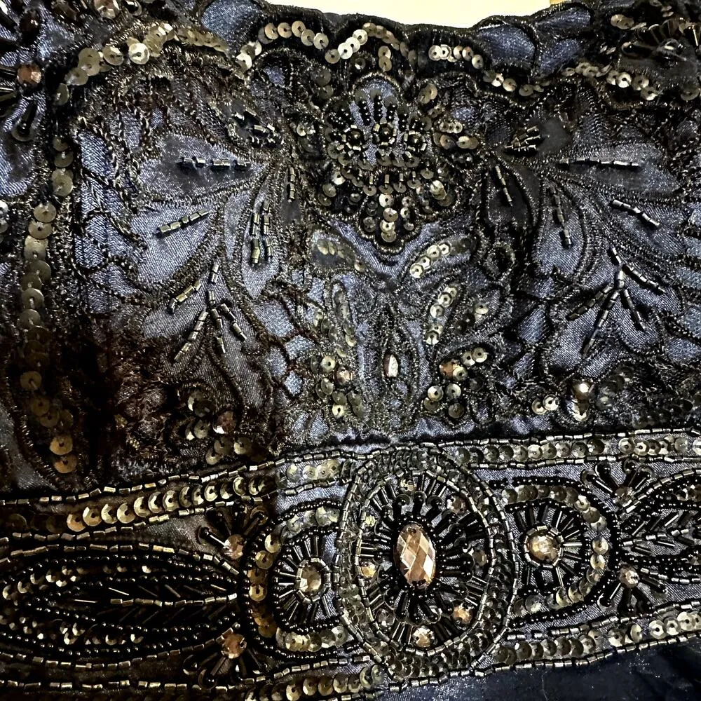 Sue Wong Nocturne Beaded Sheer Petal Sheath Cocktail Dress Ruffled Navy 2 - Image 3