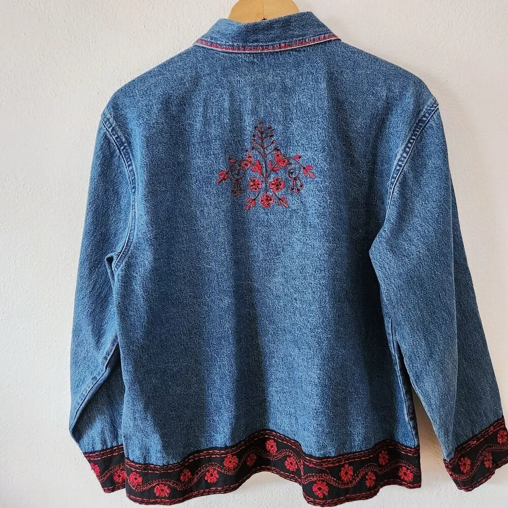 Life Style Denim Embroidered Red Black Floral Button Front Jacket Size S Japan Blue - Image 2