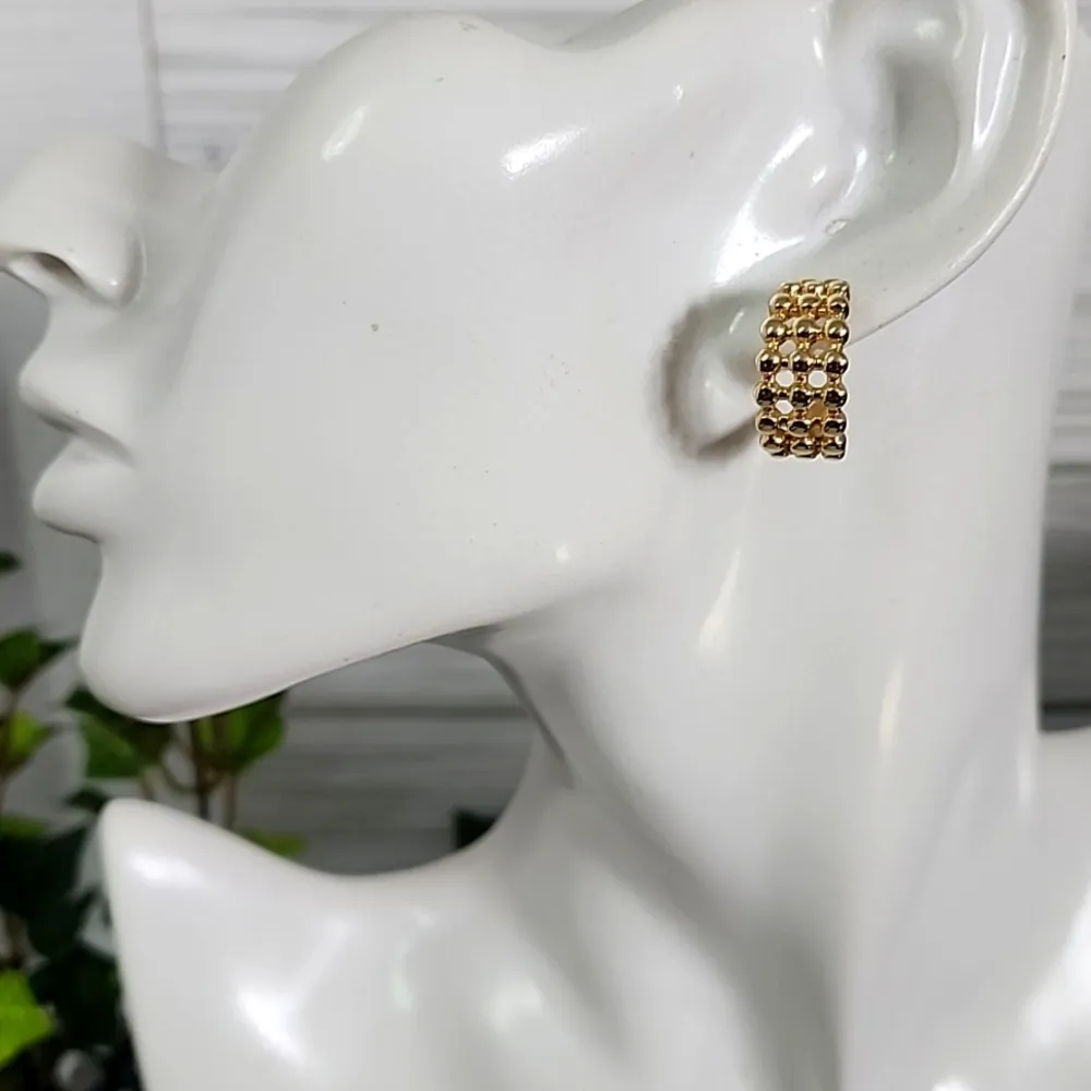 Gold 3 Row Bead Ball C Shape Hoop Earrings - Image 6