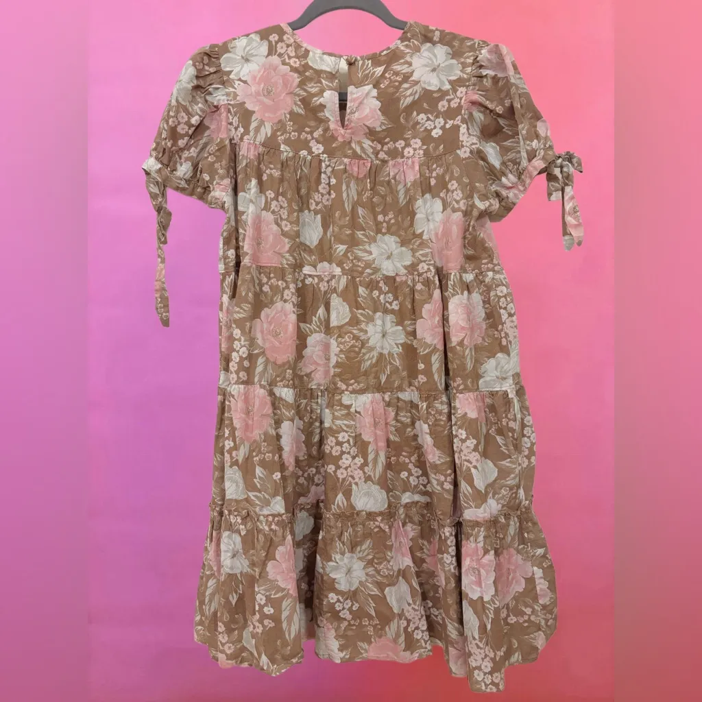 Urban Outfitters Pastel Brown, Pink & White Floral Babydoll Dress - Size Medium - Image 4