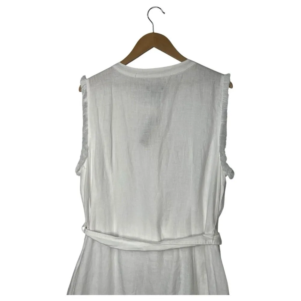 New J Crew Shirt Dress Womens XL Linen Raw Hem Belted Knee Length White BY817 - Image 12