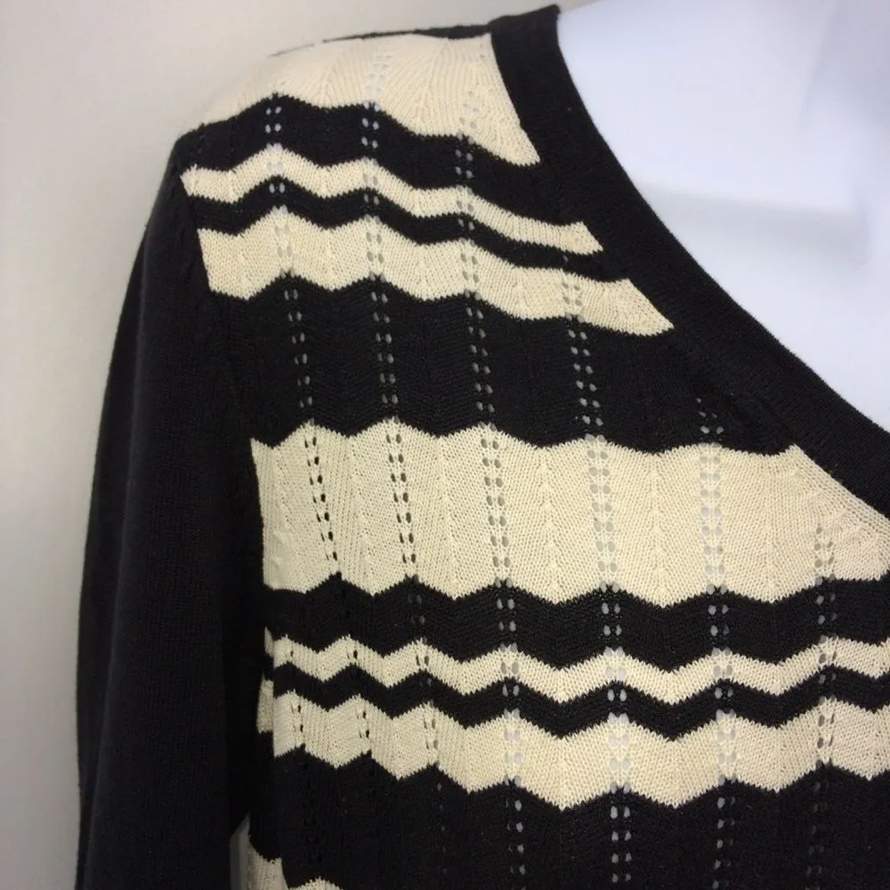 Charter Club Black and Cream 3/4 Length Silk Blend Chevron Patterned Sweater-S - Image 5
