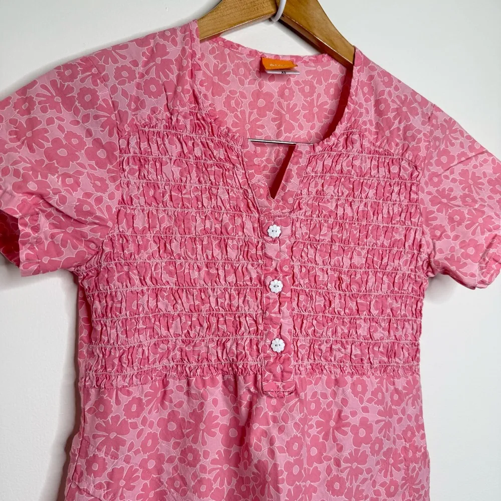 Elan Scrub Medical Nurse Vet Top Pink Floral Smocked Women’s Size XS Cotton - Image 2