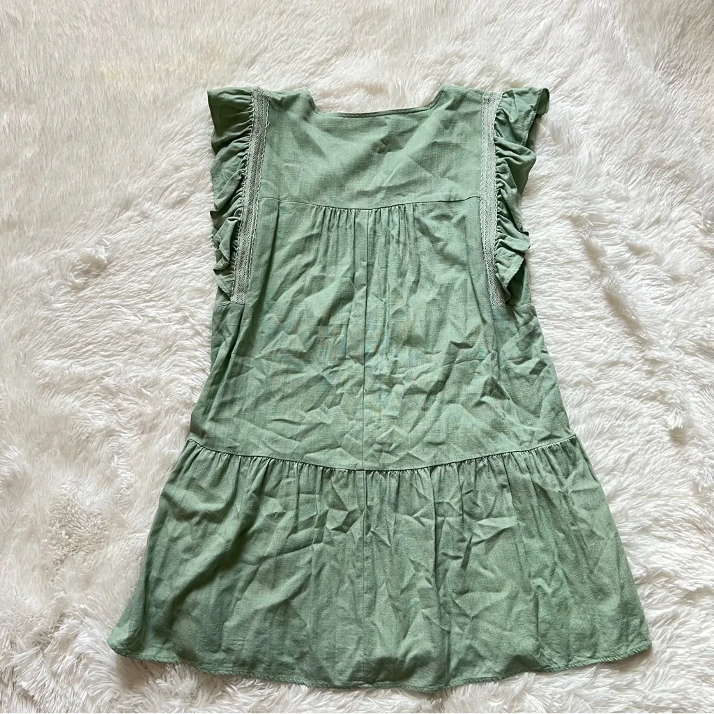 New-In Sage Green Pleated Mini Dress | Linen Blend | V-Neck | Fully Lined Size M - Image 10