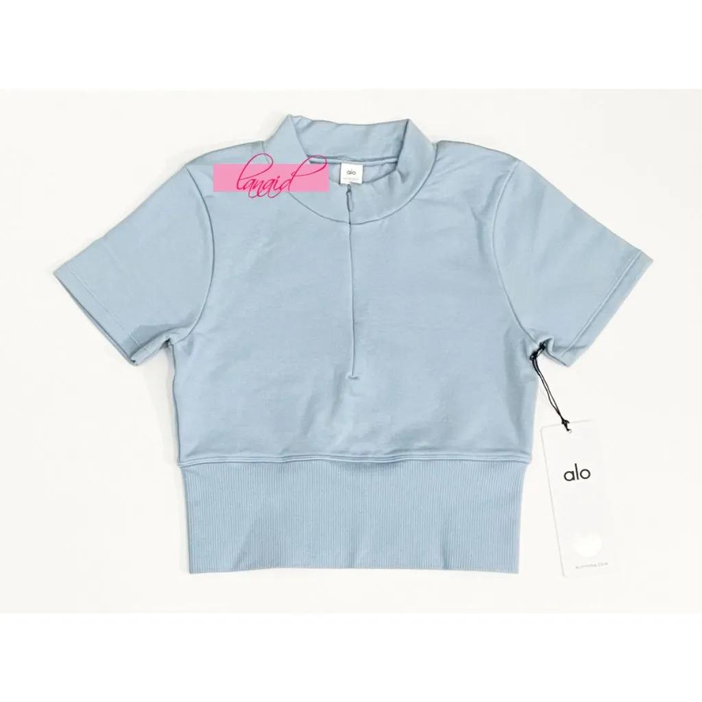 Alo Seamless Winter Warm Plush Cropped Short Sleeve Celestial Blue Zip-Up Henley - Image 6