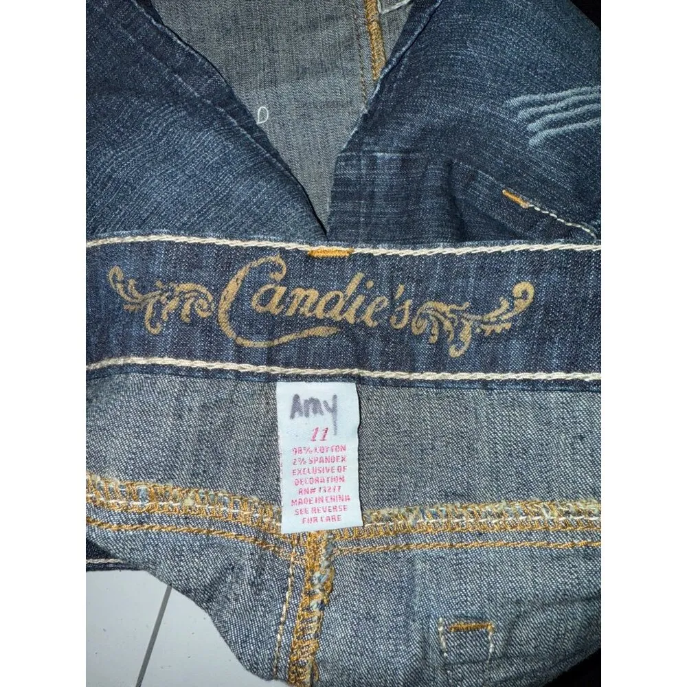 Y2K Candie’s Womens Distressed Denim Skirt With Embroidery Pockets & Raw Hem Siz Blue Size undefined - Image 7