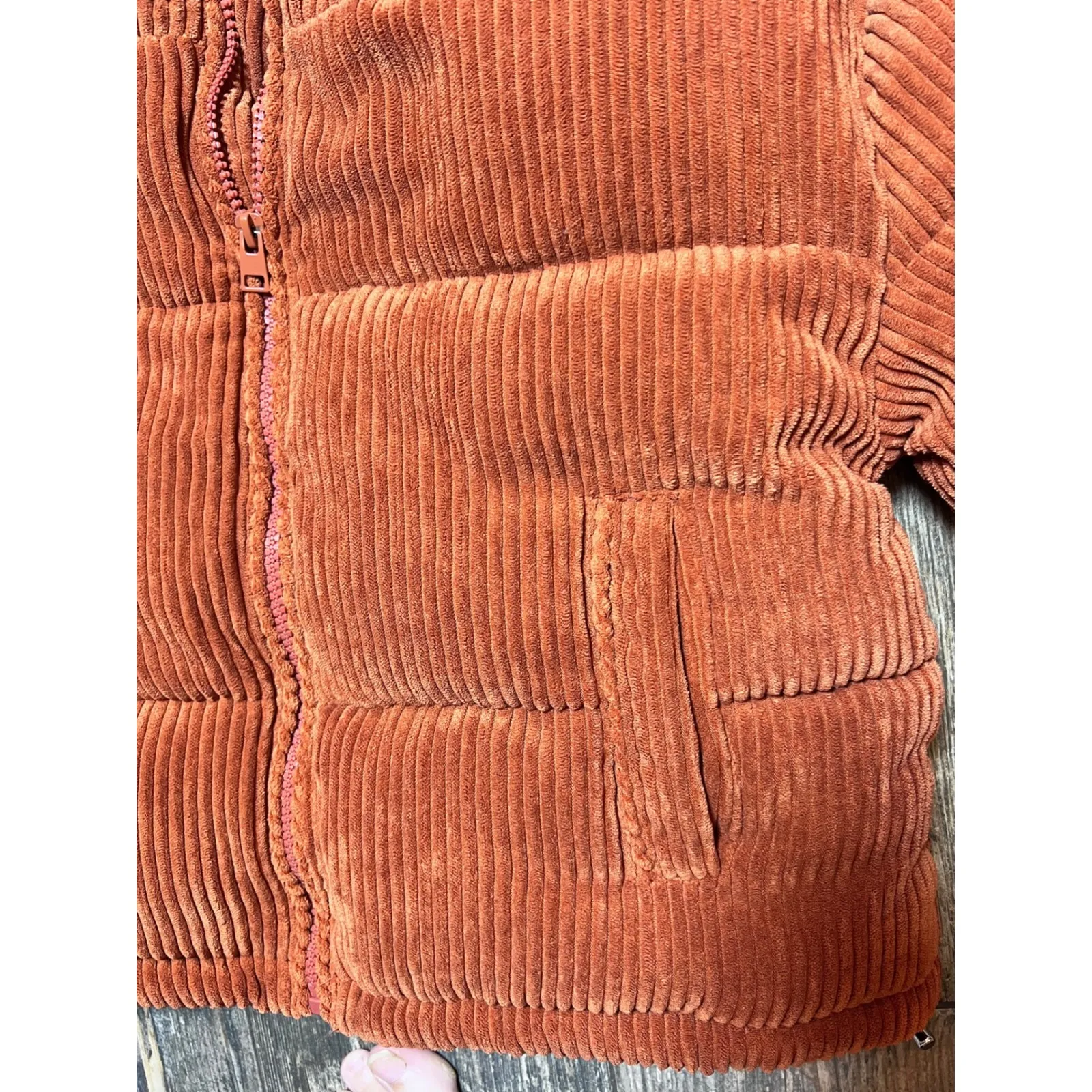 7 For All Mankind XS‎ Corduroy Puffer Jacket Crop Full Zip High Neck Rust Orange - Image 9