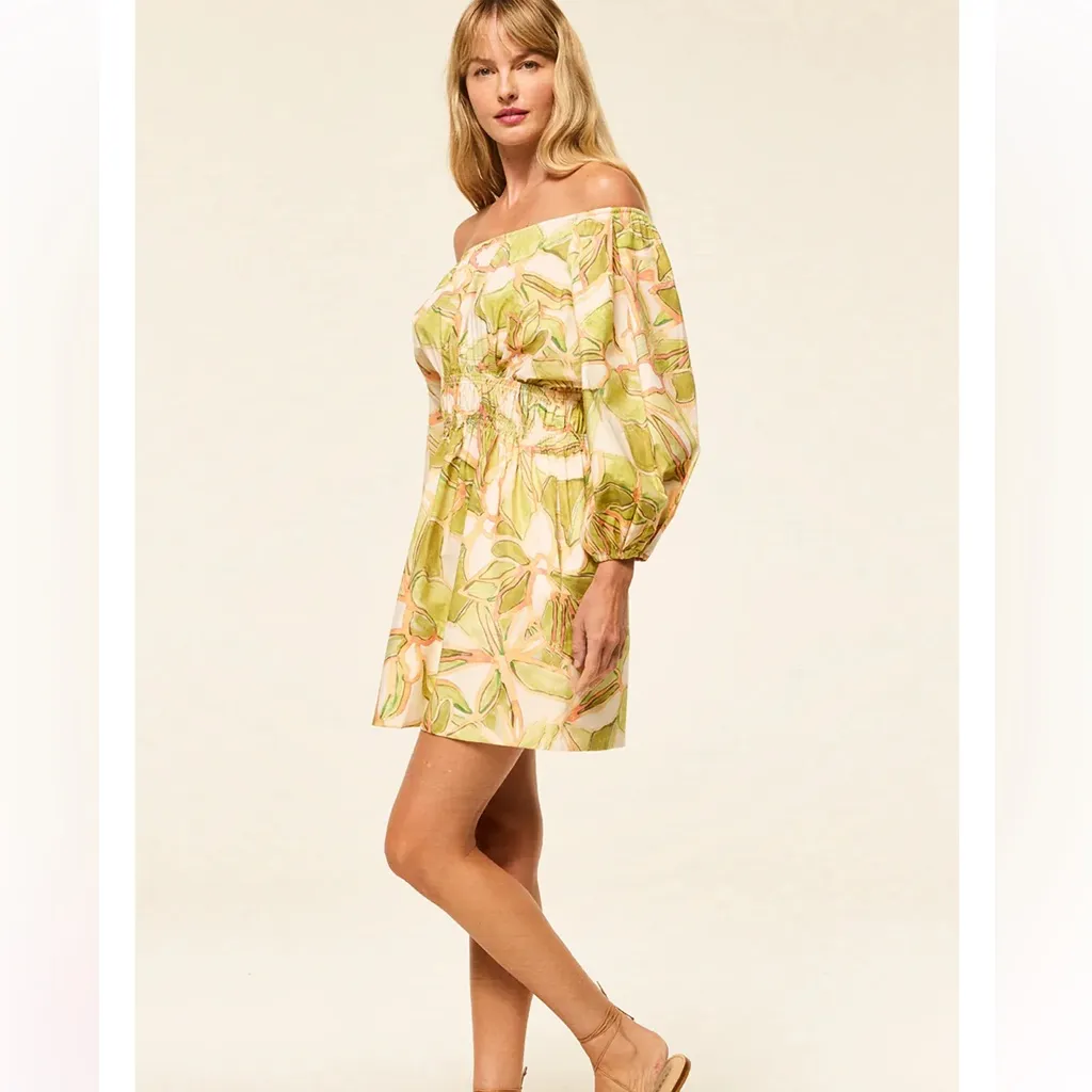 MISA Senia Dress in Chartreuse Abstract Print‎ Mini Puff Sleeves Off Shoulder - Image 3