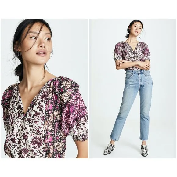 💕ULLA JOHNSON💕 Arusi Poplin Top ~ Fuchsia Print Cotton Silk Blend Small 4 - Image 2