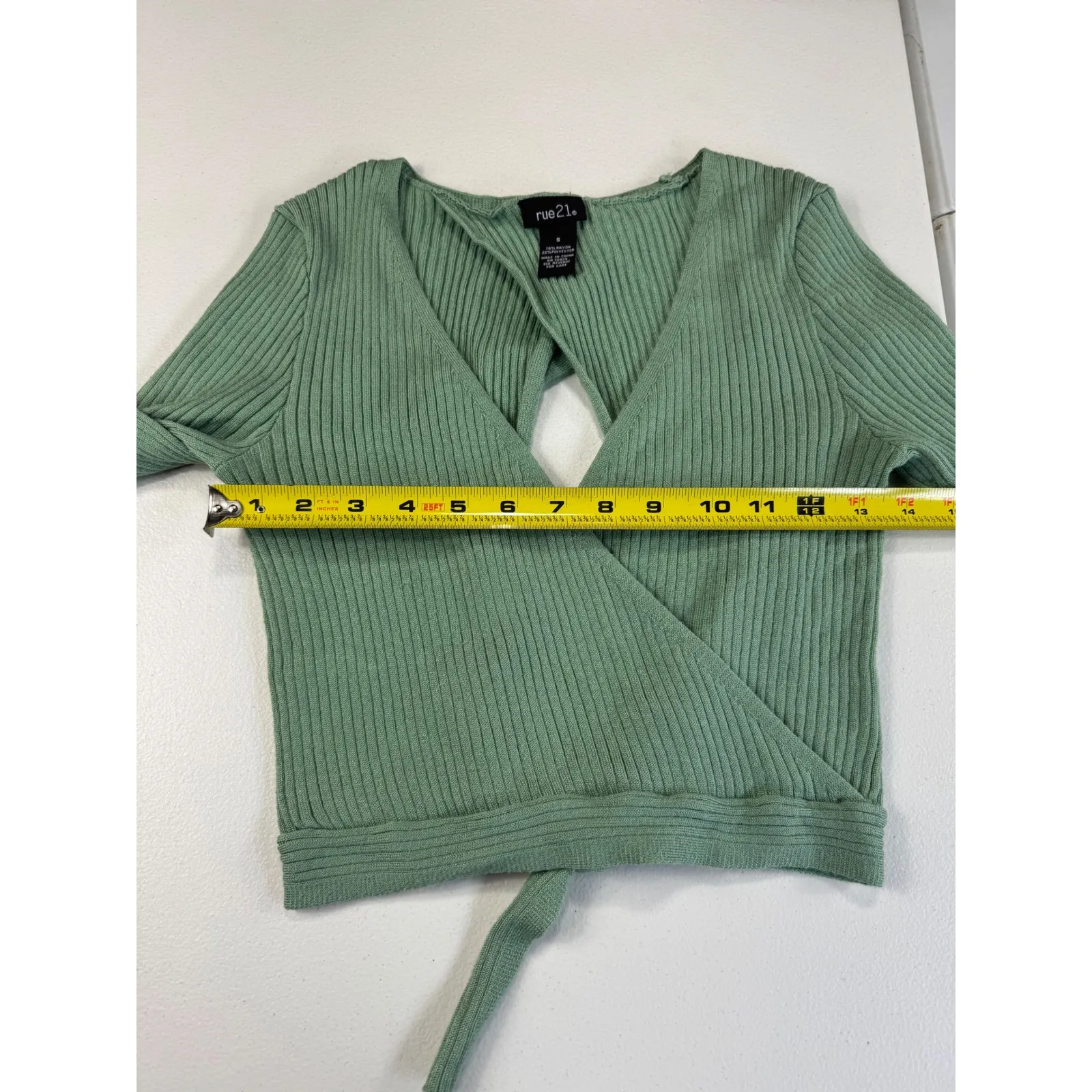 rue21 Sage Green Ribbed Knit‎ Wrap Top Open Back Long Sleeve Crop Top - Image 4