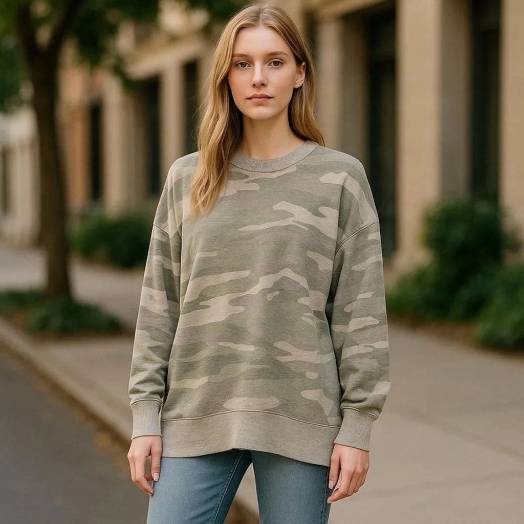 Aerie Woman's Green Grey Camo Oversized Crewneck Sweatshirt Small - Image 2