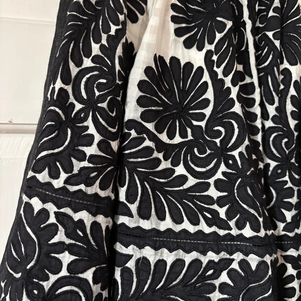 Ulla Johnson Francesca Satin Trim Floral Appliqué Black White Midi Skirt Size 4 - Image 7