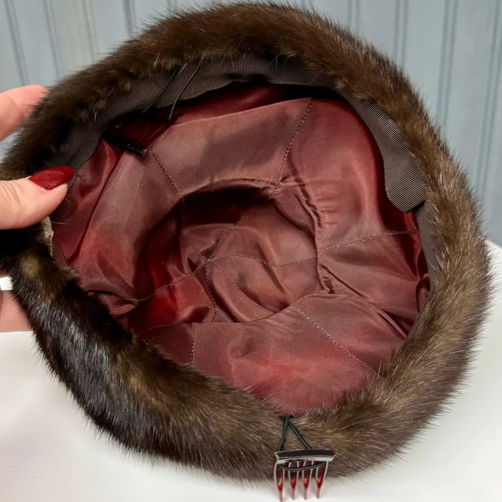 Vintage Mink Fur Pillbox Hat Brown With Hair Comb Clips Winter Mod Vintage Hat - Image 7