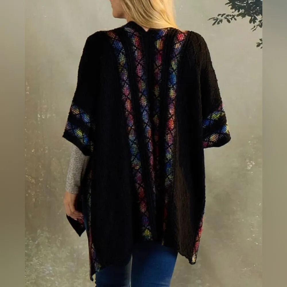 NWT Le Moda Black/Multicolor Windowpane Trim Poncho One Size Black Size undefined - Image 15