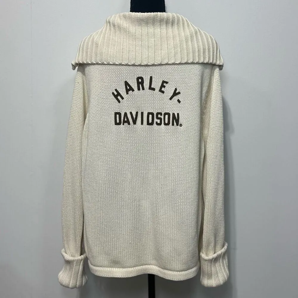 Vintage Harley Davidson Heavy Zip Cardigan Turtleneck Sweater Sz 2W Cream Tan - Image 4