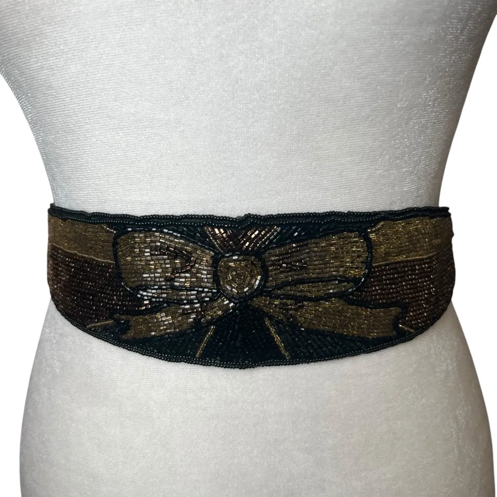 VTG 90s Hand Beaded Tie Belt Art Deco Boho Waist Sash Black Gold Destinee Glam - Image 2
