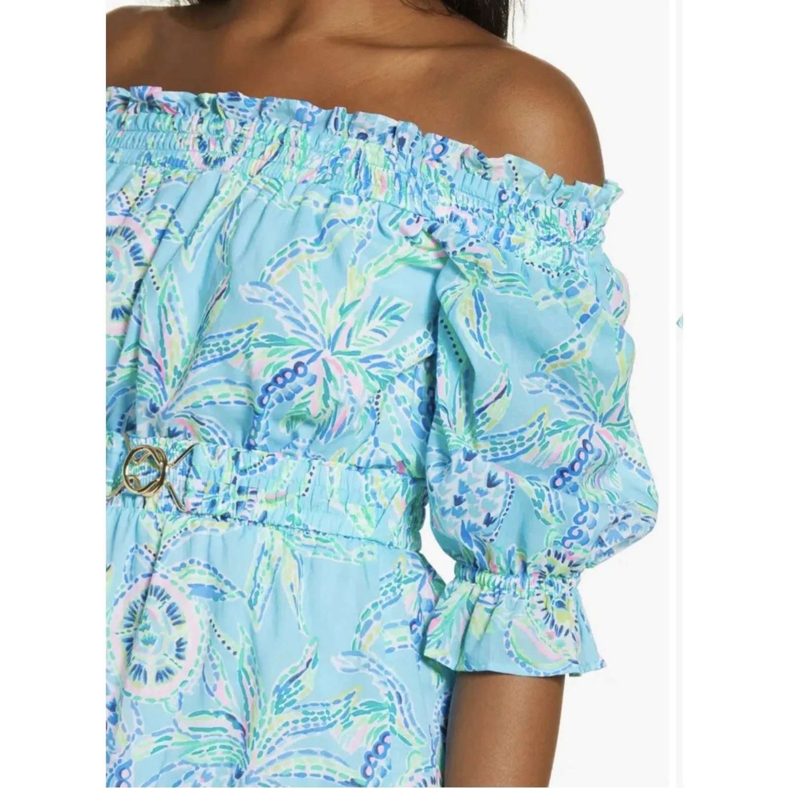 Lilly Pulitzer NWT Off Shoulder Tiered Ruffle Dress Blue Green Floral Size M - Image 5