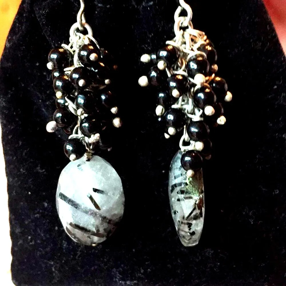 Earrings Artisan Zebra Stone with black silver cluster Bobs - Image 4