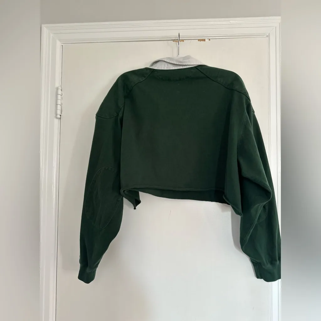 VTG Polo Ralph Lauren 2XL green Cropped  Long Sleeve Elbow Patch Quilt Shoulders - Image 2